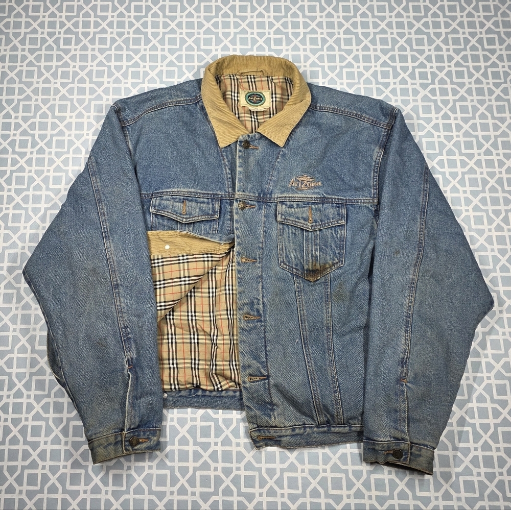 VTG 90's AriZona Drink Blue Denim Jacket Burberry Designer Lining Mens XXL/2XL